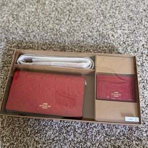 Coach Scarlet Embossed Wallet and Card Holder Set